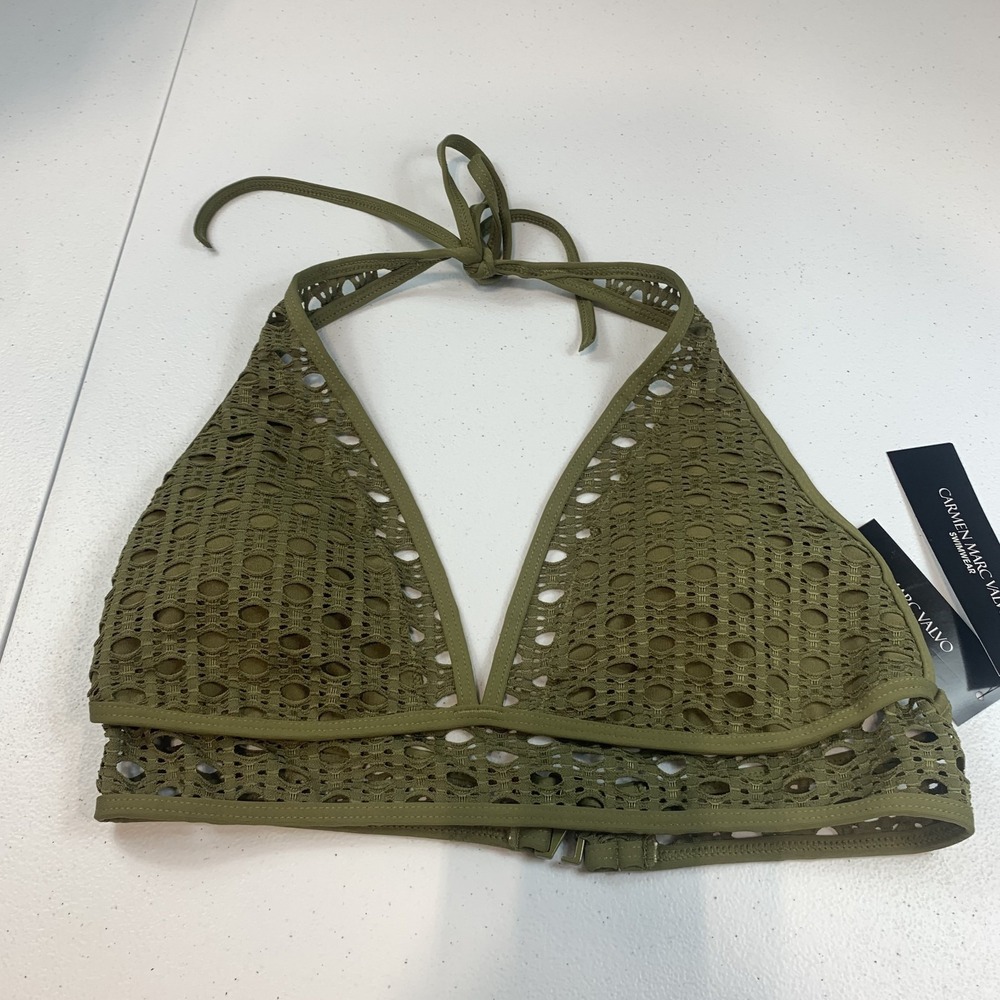 Carmen Marc Valvo Women's Bikini Top Halter XS Swim Laser Cutouts Olive Green